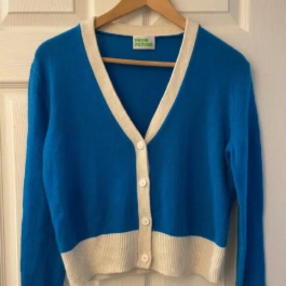 SMALL Pure Cashmere Long Sleeve V Neck Cardigan Sweater Teal Blue/Cream NWOT- - Picture 1 of 7